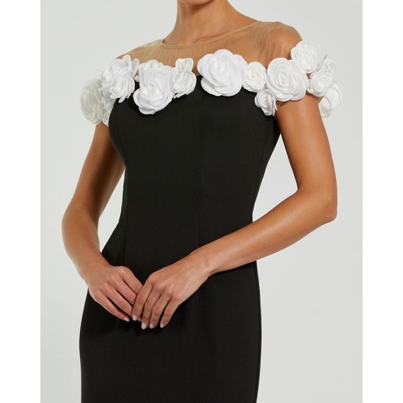 Mac Duggal NEW Black‎ & White Stretch Crepe Mermaid Gown With 3D Flowers Size 16 - Picture 5 of 12